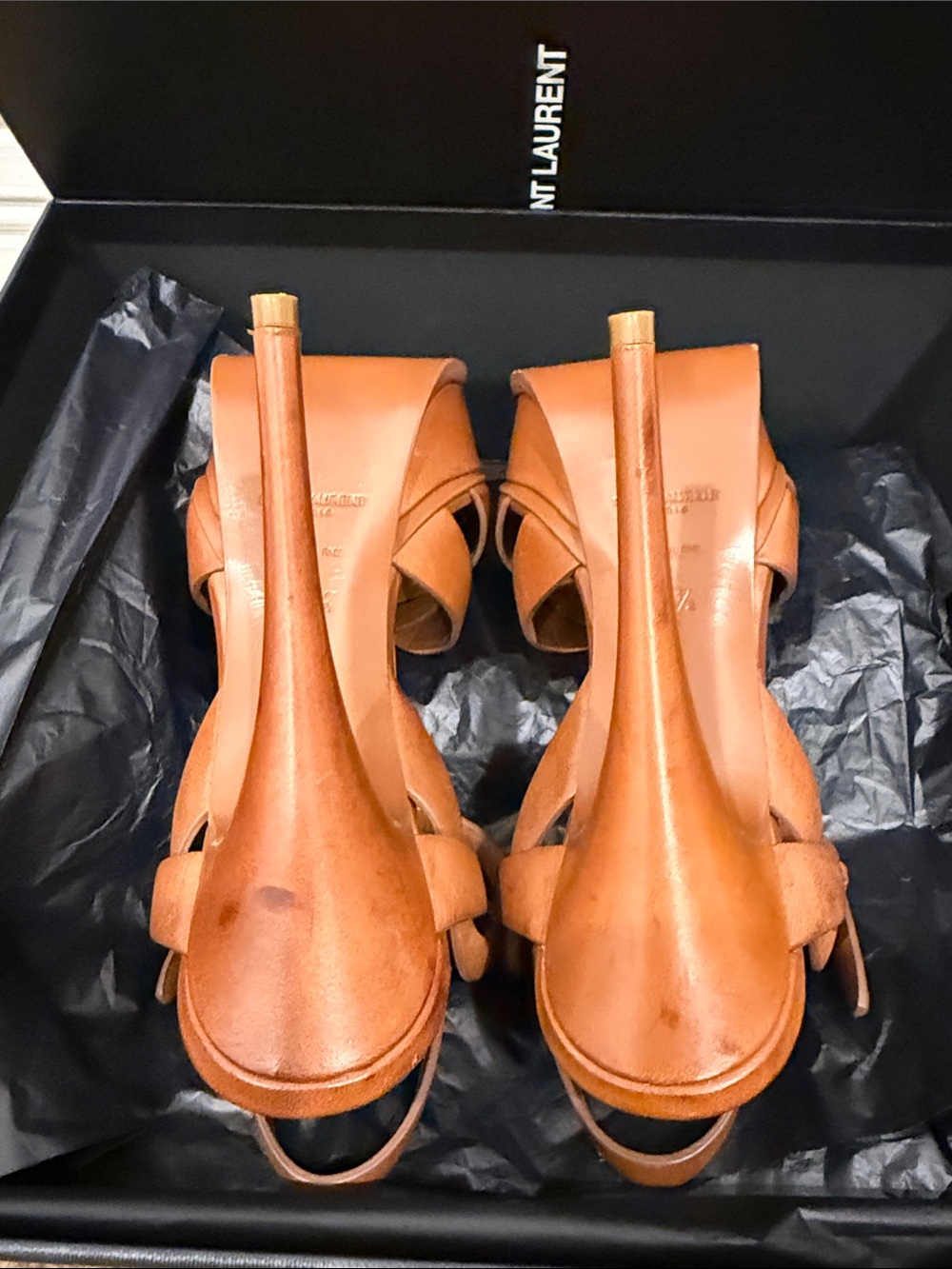 Saint Laurent Tribute 105 Camel Leather Platform Sandals Heels 37.5 Full Set - Picture 11 of 13